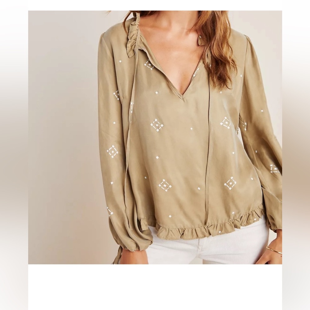 Sancia Yoelette Peasant Tan Long sleeves Relaxed Fit Girly Fun Summer Blouse XS‎